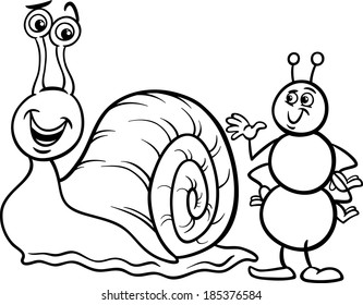 Black and White Cartoon Vector Illustration of Ant Insect and Snail Characters for Coloring Book