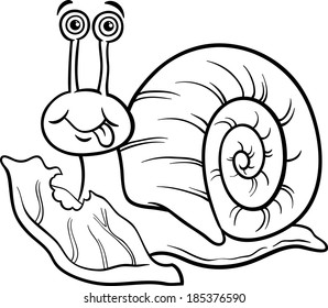 Black and White Cartoon Vector Illustration of Funny Snail Mollusk with Lettuce Leaf for Coloring Book