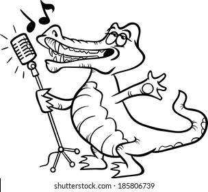 Black and White Cartoon Vector Illustration of Funny Singing Crocodile Character for Coloring Book