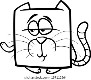 Black and White Cartoon Vector Illustration of Funny Square Cat Character for Coloring Book