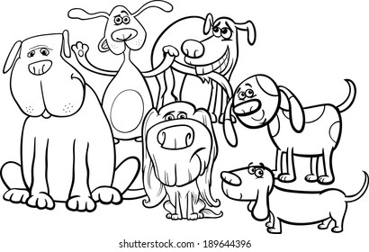 Black and White Cartoon Vector Illustration of Funny Dogs Characters Group for Coloring Book