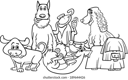 Black and White Cartoon Vector Illustration of Cute Dogs Characters Group for Coloring Book
