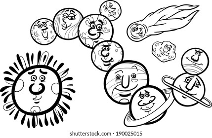 Black and White Cartoon Vector Illustration of Funny Planets of Solar System Space Mascot Characters Group for Coloring Book