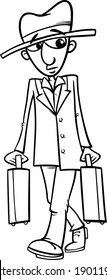 Black and White Cartoon Vector Illustration of Funny Man with Suitcases for Coloring Book