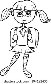 Black and White Cartoon Vector Illustration of Elementary School Student Girl with Satchel for Coloring Book