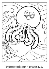 black and white cartoon vector illustration with underwater background for coloring page.