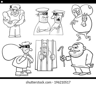 Black and White Cartoon Vector Illustration Set of Thieves and Ruffians or Thugs Bad Guys Characters for Coloring Book