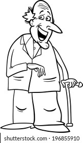 Black and White Cartoon Vector Illustration of Elder Man Senior or Grandfather with Cane for Coloring Book