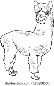 Black and White Cartoon Vector Illustration of Funny Alpaca Farm Animal for Coloring Book