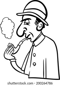 Black and White Cartoon Vector Illustration of Retro Detective Smoking a Pipe for Coloring Book