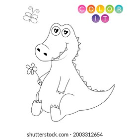 Black and White cartoon vector illustration. Anti-stress page for child.  Cute outline education game. Fantasy coloring page with a crocodile. Coloring book, print, t shirt design, sticker, label.