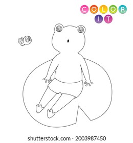 Ilustración vectorial de dibujos animados en blanco y negro. Página de anti estrés para niños.  Juego educativo de contorno corto. Fantasía coloreando la página con una rana y una mosca. Libro de colorear, impresión, diseño de camisetas, pegatina, etiqueta.