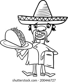 Black and White Cartoon Vector Illustration of Funny Mexican Chef or Waiter with Taco for Coloring Book