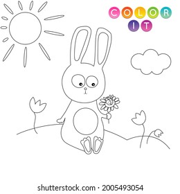 Black and White cartoon vector illustration. Anti-stress page for child.  Cute outline education game. Fantasy coloring page with rabbit. Coloring book, print, t shirt design, sticker, label.