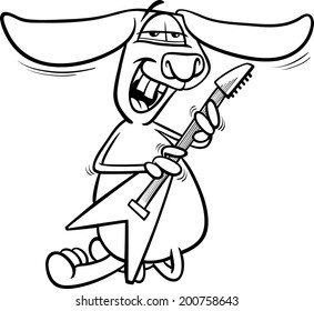 Black and White Cartoon Vector Illustration of Funny Bunny Playing Rock on Electric Guitar for Coloring Book