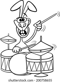 Black and White Cartoon Vector Illustration of Funny Bunny Playing Rock on Drums for Coloring Book