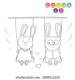 Black and White cartoon vector illustration. Anti-stress page for child.  Cute outline education game. Fantasy coloring page with rabbits. Coloring book, print, t shirt design, sticker, label.