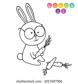 Black and White cartoon vector illustration. Anti-stress page for child.  Cute outline education game. Fantasy coloring page with rabbit. Coloring book, print, t shirt design, sticker, label.