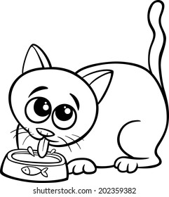 Black and White Cartoon Vector Illustration of Cute Cat Drinking Milk from a Bowl for Coloring Book