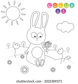 Black and White cartoon vector illustration. Anti-stress page for child.  Cute outline education game. Fantasy coloring page with rabbit . Coloring book, print, t shirt design, sticker, label.