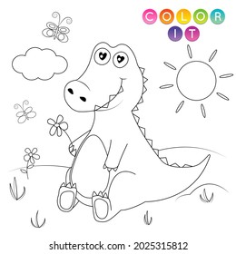 Black and White cartoon vector illustration. Anti-stress page for child.  Cute outline education game. Fantasy coloring page with crocodile. Coloring book, print, t shirt design, sticker, label.