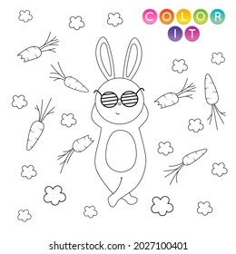 Black and White cartoon vector illustration. Anti-stress page for child.  Cute outline education game. Fantasy coloring page with rabbit. Coloring book, print, t shirt design, sticker, label.