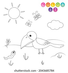 Black and White cartoon vector illustration. Anti-stress page for child.  Cute outline education game. Fantasy coloring page with bird. Coloring book, print, t shirt design, sticker, label.