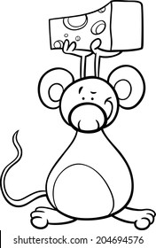 Black and White Cartoon Vector Illustration of Cute Mouse with Cheese for Coloring Book