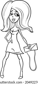 Black and White Cartoon Vector Illustration of Gorgeous Beautiful Sexy Woman in Mini Dress for Coloring Book