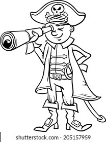 Black and White Cartoon Vector Illustration of Funny Pirate or Corsair Captain Boy with Spyglass and Jolly Roger Sign for Coloring Book