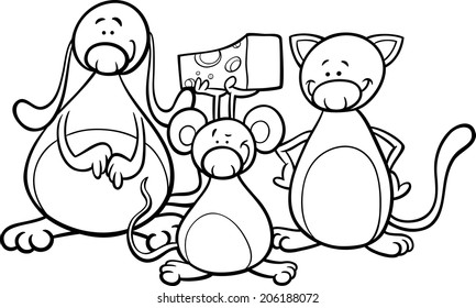 Black and White Cartoon Vector Illustration of Cute Dog Cat and Mouse Pets Characters for Coloring Book