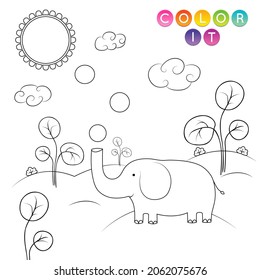 Black and White cartoon vector illustration. Anti-stress page for child.  Cute outline education game. Fantasy coloring page with elephant. Coloring book, print, t shirt design, sticker, label.