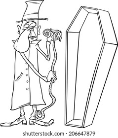 Black and White Cartoon Vector Illustration of Undertaker with Centimeter Measure and Coffin for Coloring Book