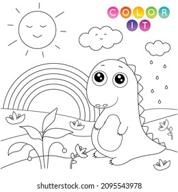Black and White cartoon vector illustration. Anti-stress page for child.  Cute outline education game. Fantasy coloring page with dinosaur. Coloring book, print, t shirt design, sticker, label.