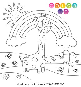 Black and White cartoon vector illustration. Anti-stress page for child.  Cute outline education game. Fantasy coloring page with giraffe. Coloring book, print, t shirt design, sticker, label.