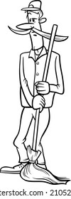 Black and White Cartoon Vector illustration of Funny Janitor Man with Broom or Caretaker for Coloring Book