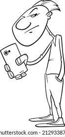 Black and White Cartoon Vector Illustration of Man Shooting or Filming with Smartphone for Coloring Book
