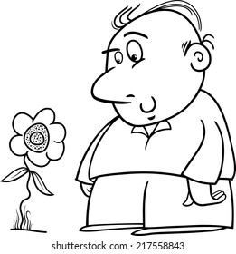 Black and White Cartoon Vector Illustration of Happy Man Character with Sunflower or Flower for Coloring Book