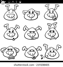 Black and White Cartoon Vector Illustration of Funny Dogs Expressing Emotions or Emoticons Set Coloring Book