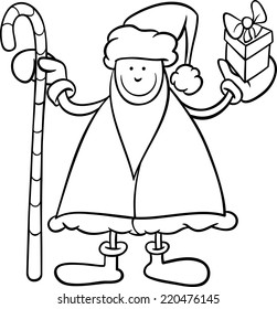 Black and White Cartoon Vector Illustration of Santa Claus Character with Cane and Christmas Present for Coloring Book