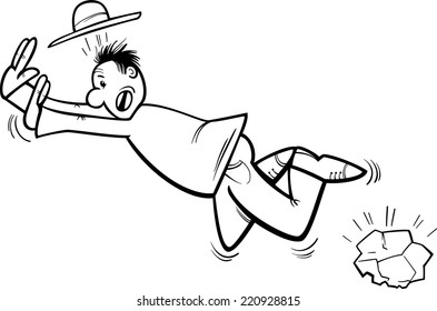 Black and White Cartoon Vector Illustration of Funny Man Stumbling over a Stone for Coloring Book