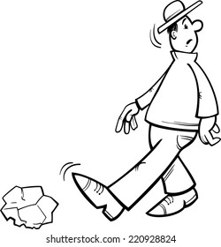 Black and White Cartoon Vector Illustration of Funny Inattentive Man Going to Stumble on a Stone for Coloring Book