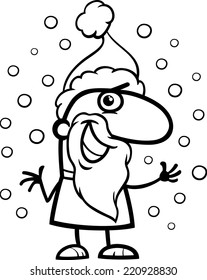 Black and White Cartoon Vector Illustration of Santa Claus Character on Christmas and Snow for Coloring Book