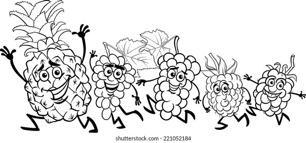 Black and White Cartoon Vector Illustration of Running Fruits Food Characters for Coloring Book