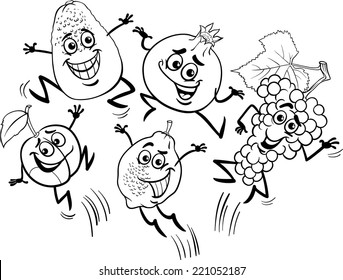 Black and White Cartoon Vector Illustration of Happy Jumping Fruits Food Characters for Coloring Book
