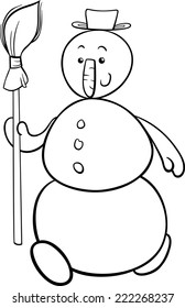 Black and White Cartoon Vector Illustration of Cute Snowman Character with Besom for Coloring Book