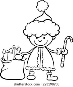 Black and White Cartoon Vector Illustration of Santa Claus Boy Character with Christmas Cane and Bag of Presents for Coloring Book