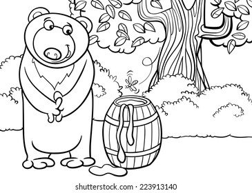 Black and White Cartoon Vector illustration of Cute Bear with Barrel of Honey in the Forest for Coloring Book