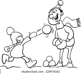 Black and White Cartoon Vector Illustration of Father and Little Son Throwing Snowballs and Having Fun on Winter Time for Coloring Book