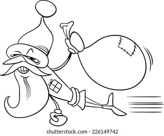 Black and White Cartoon Vector Illustration of Superhero Santa Claus Character with Sack of Christmas Presents for Coloring Book